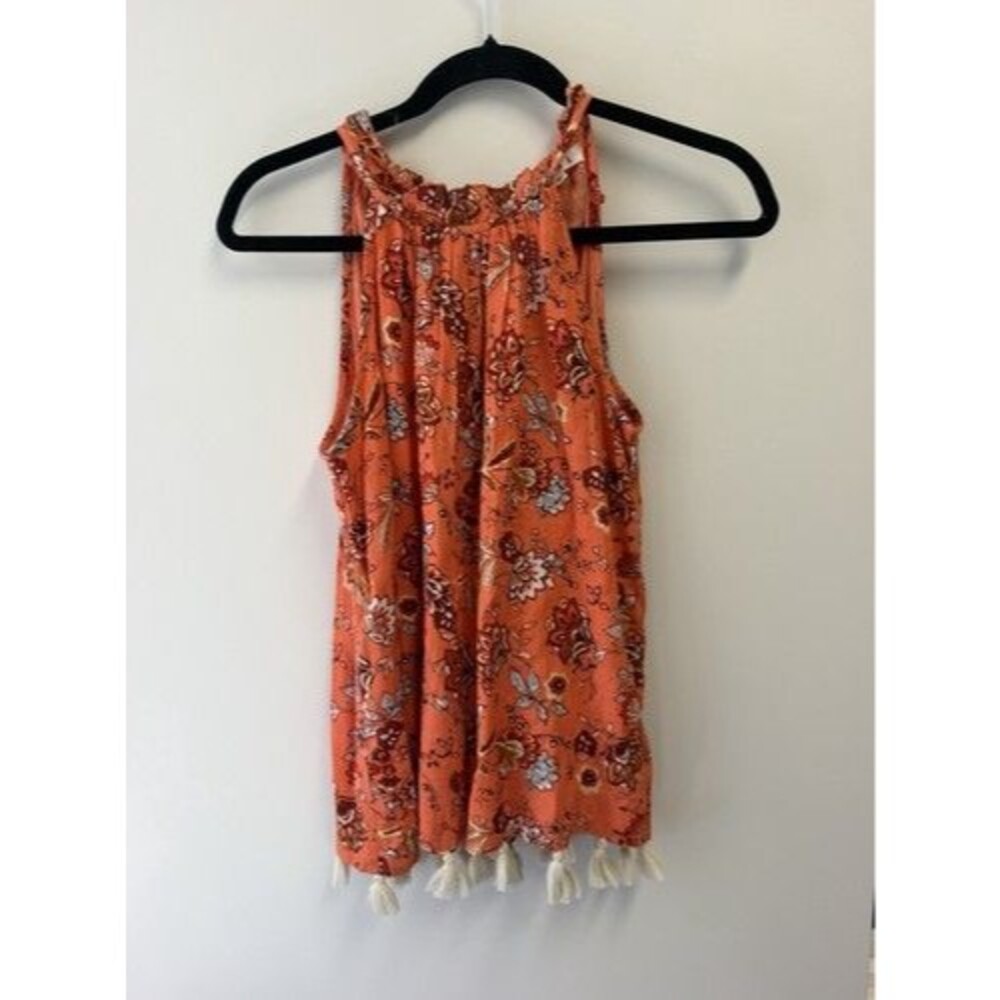 THML  XS Women's Orange Floral V-Neck Sleeveless Tank Top Lightweight Tassel Hem